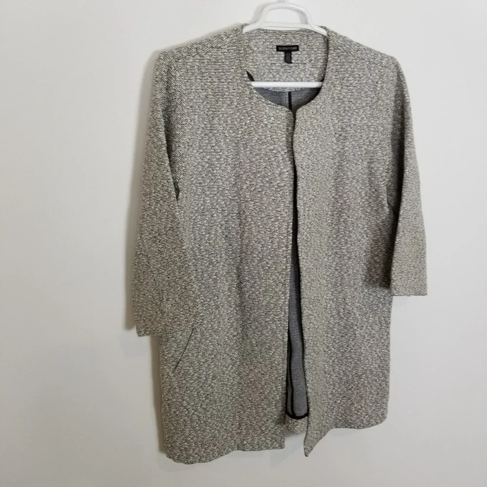 Eileen Fisher Marled Gray Textured Woven Cotton Blend Swing Coat Sz L Classic‎
